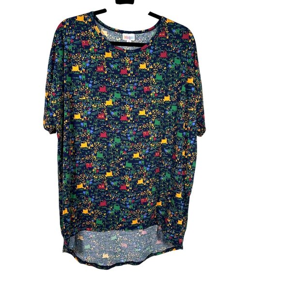 LuLaRoe IRMA Blue Yellow Red Digital Shapes Hi-Low Tunic Top Shirt Medium M - Picture 1 of 5
